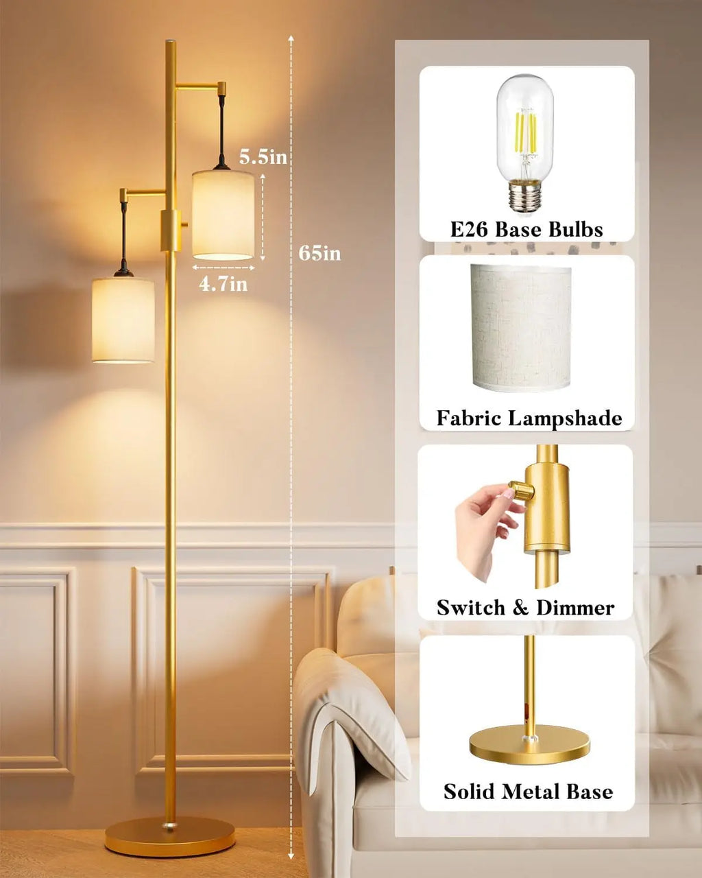 65IN Dimmable Tree Floor Lamp with LED Bulbs, Industrial Design for Living Room Bedroom Office