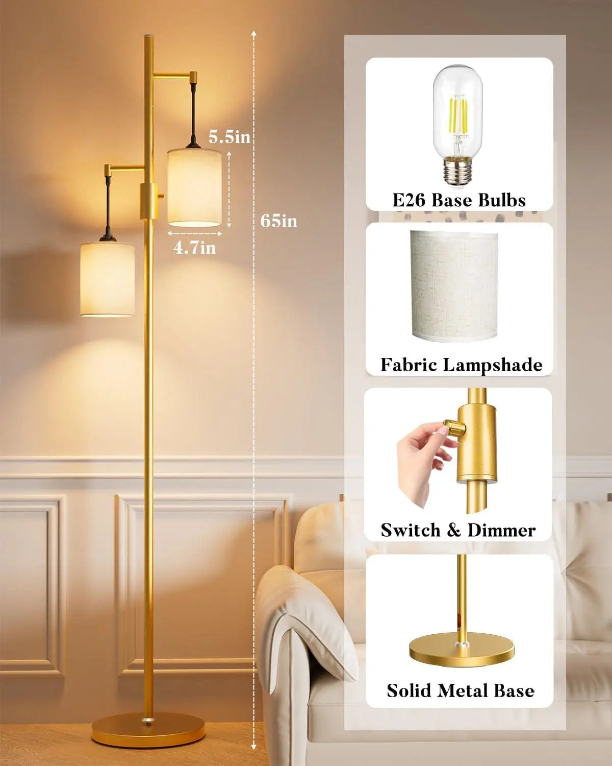 65IN Dimmable Tree Floor Lamp with LED Bulbs, Industrial Design for Living Room Bedroom Office