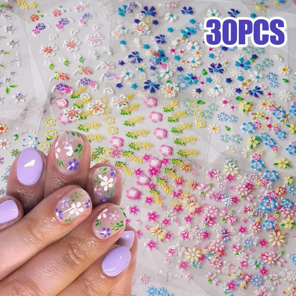 30 Sheets Flower Nail Stickers Colorful Nail Decals for Nail Art 3D Self Adhesive, Floral, Heart, Nail Art Stickers Decals