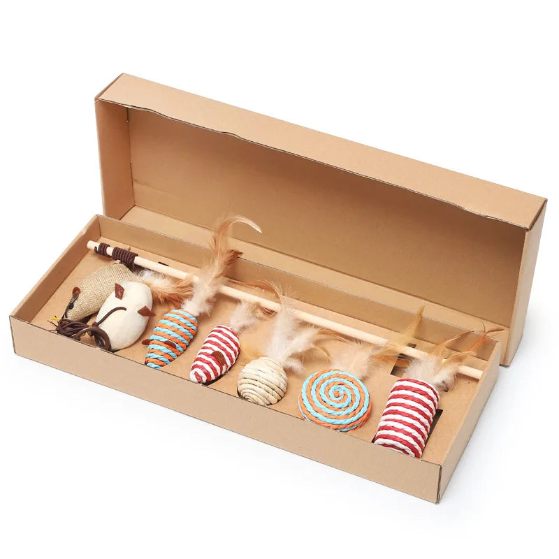 7 Piece Set Cat Toys Combination Set Funny Stick Sisal Feather Bell Plush Mouse Cat Pet Toy Supplies Kitten Toys for Indoor