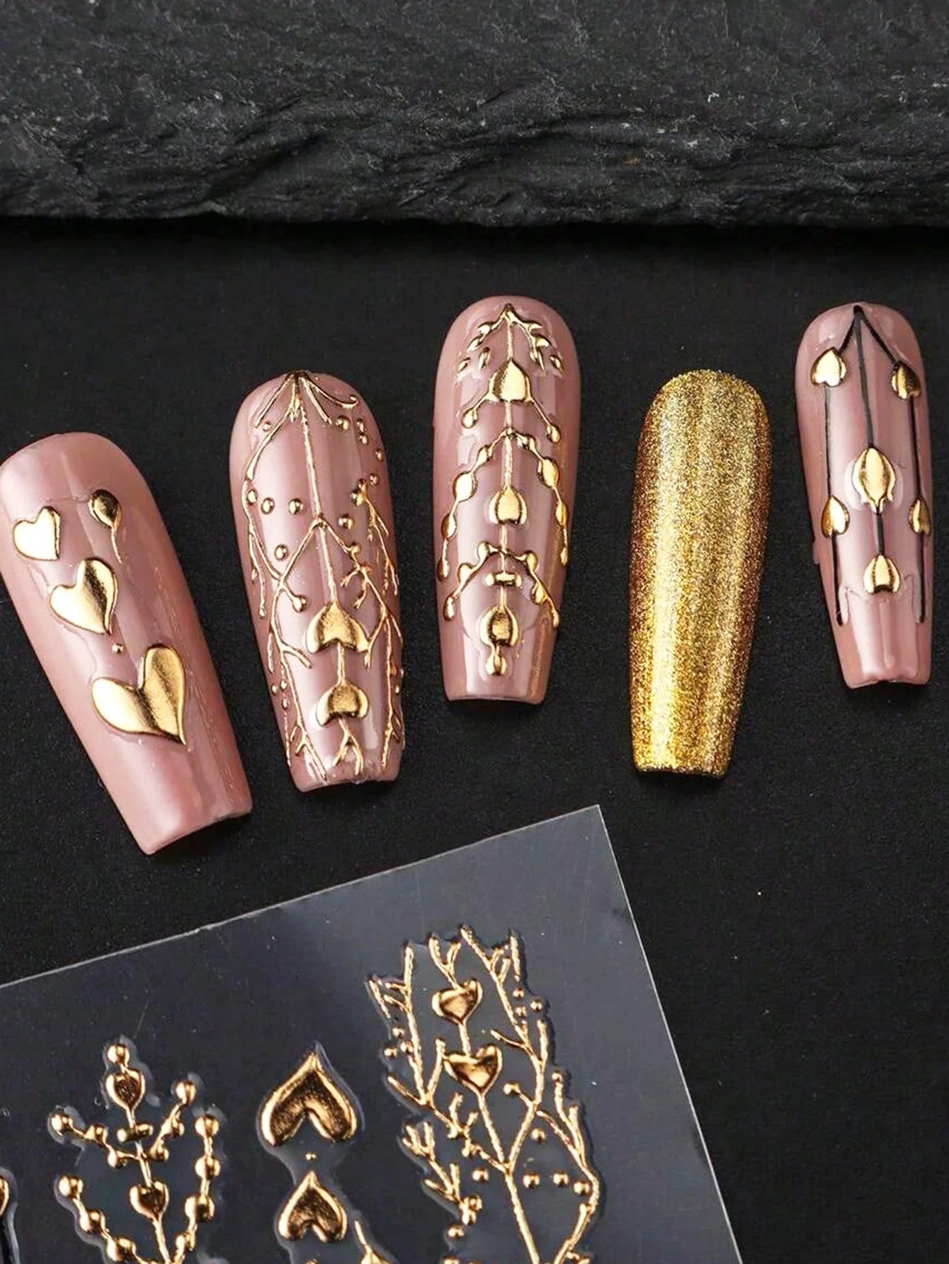 2pcs 3D Bronzing Heart Stickers For Nails Metallic Golden Heart Designs Glitter Self Adhesive Nail Art Decals For Valentine's Da