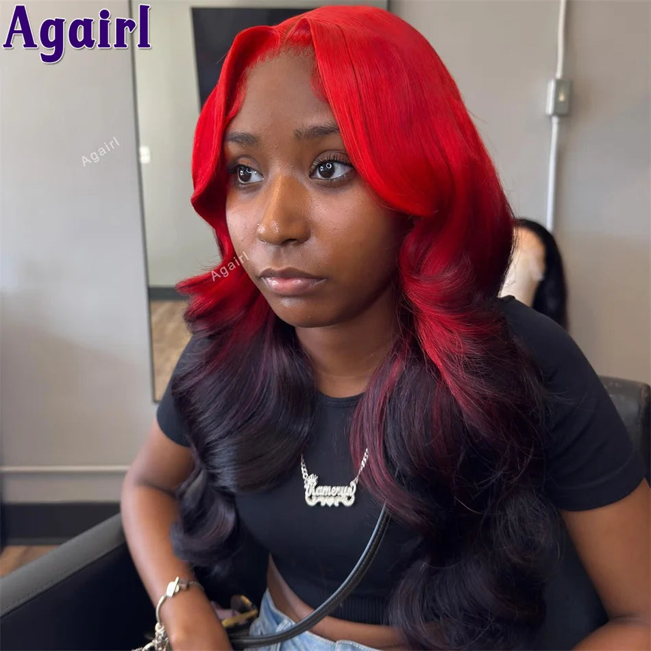 Ombre Red Roots Colored 13x6 HD Lace Frontal Wigs Body Wave Human Hair Wigs 220% Density 6X4 Pre Plucked Glueless Wigs for Women