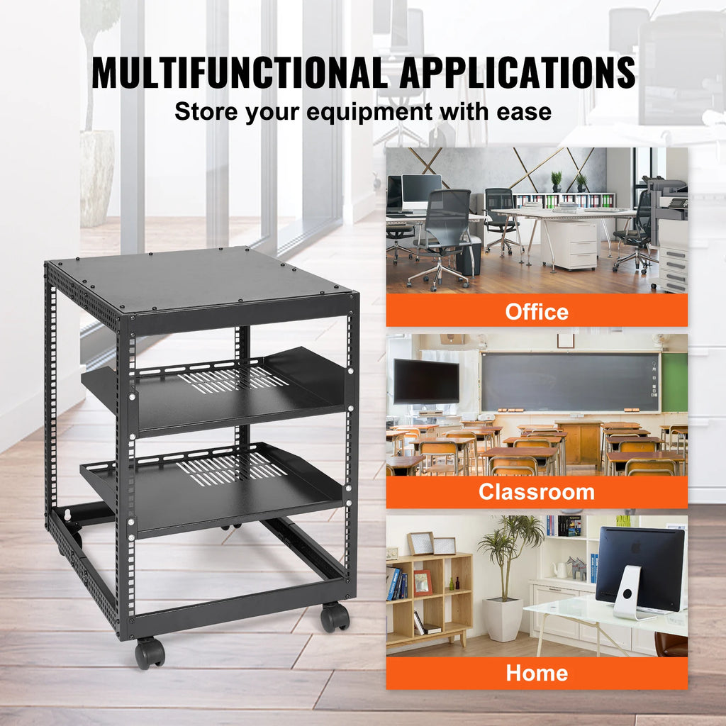 VEVOR Open Frame Server Rack 12U/15U/ 20U Floor Standing or Wall Mounted with Adjustable Depth for Microdata Center Office Use