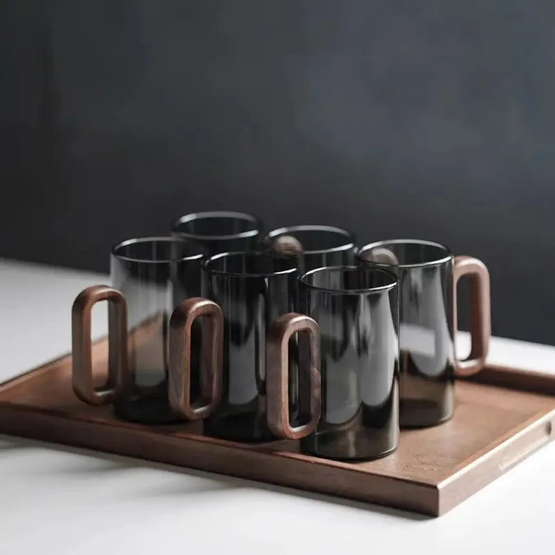Household Creative Smoke Gray Wooden Handle Glass Mug Single-layer High Borosilicate Heat-resistant Glass Teacups
