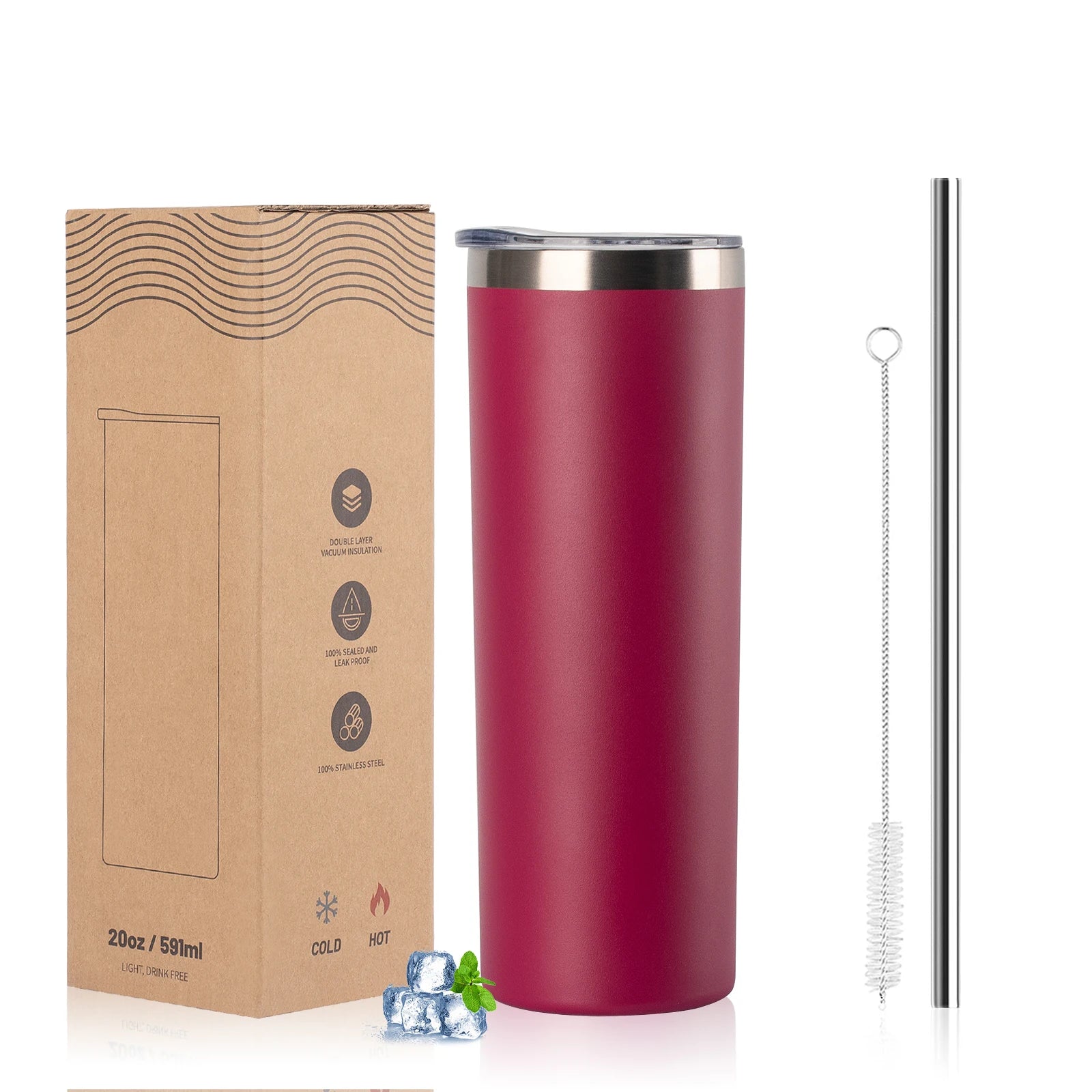 WATERSY 20oz Tumbler with Straw 590ml Stainless Steel Insulated Thermal Mug Double Vacuum Coffee Cup Keep Cold 12H