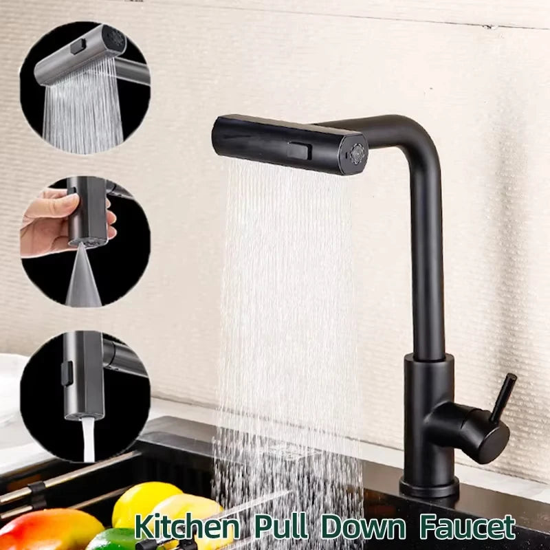 Black/Gray/Silver Pull-Out Kitchen Faucet Three Water Stream Sprayer Stainless Steel Hot and Cold Water Mixing Faucet Countertop