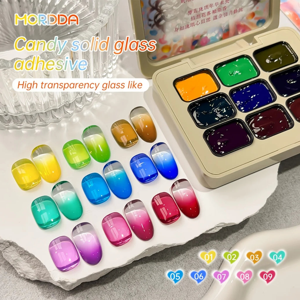 MORDDA 9Pcs Candy Solid Glass Adhesive Patter Glue Smudges Canned High Saturation Popular Semi-Solid Nail Polish
