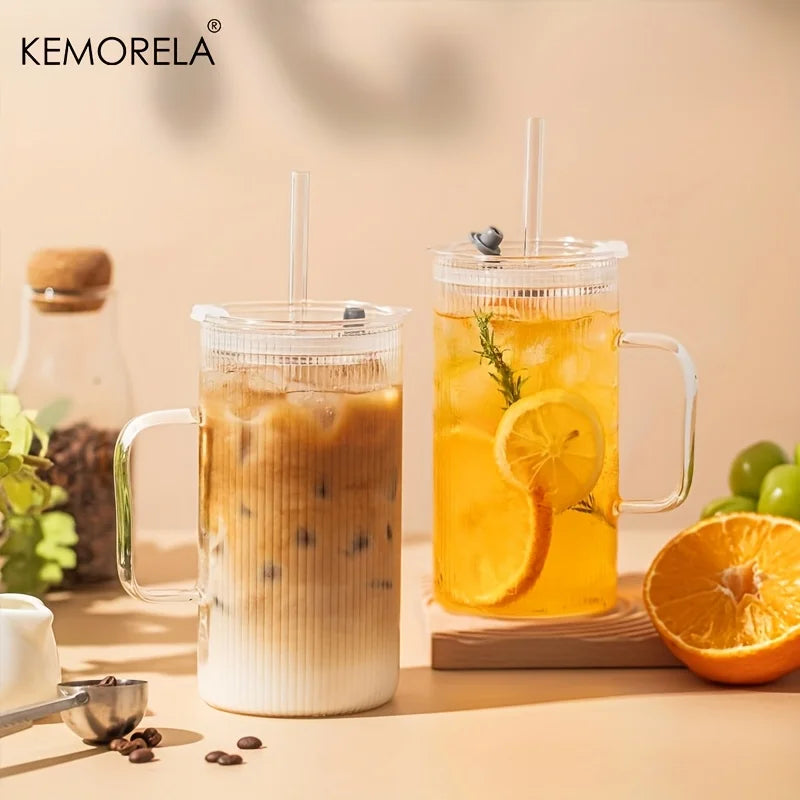 KEMORELA 740ML Ribbed Glass Tumbler Set of 1/2 with Handle Lid And Reusable Straws for Iced Coffee Clear Large Drinkware
