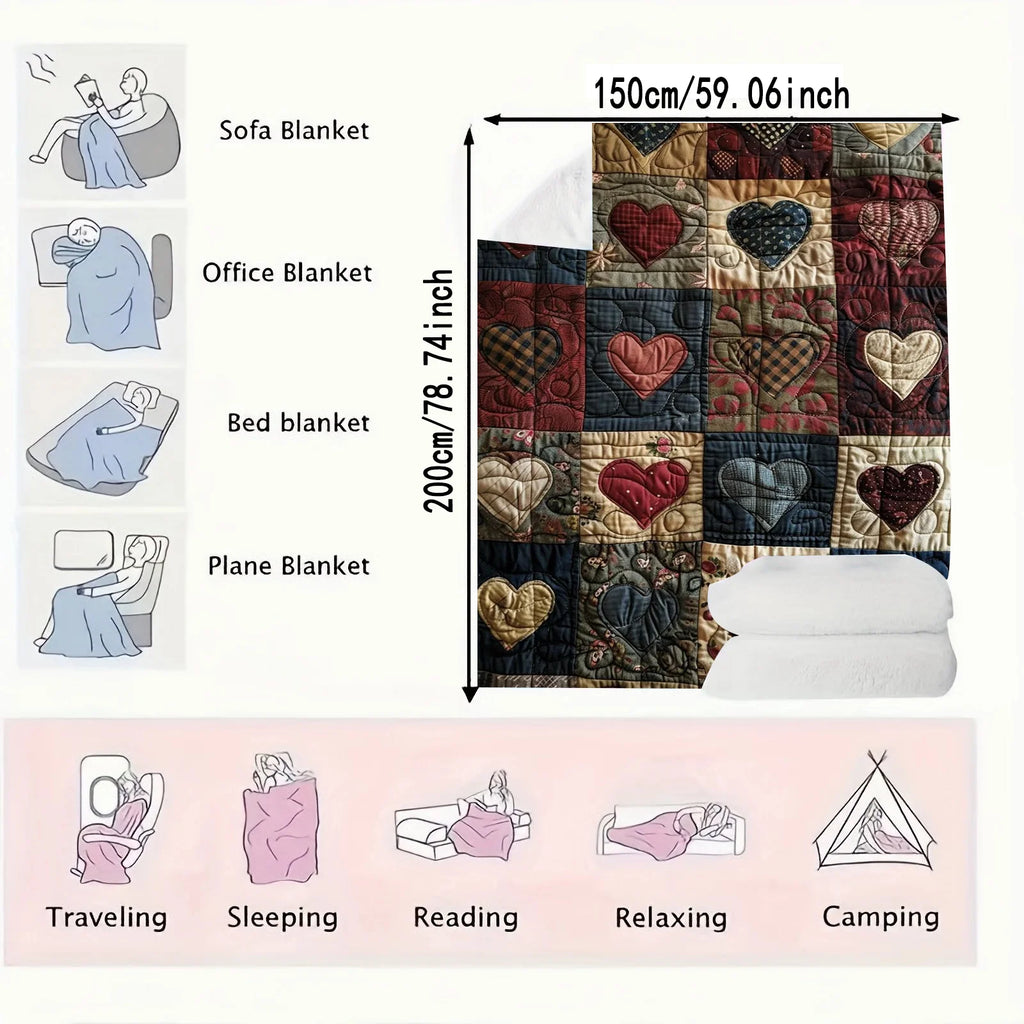 Ultra-Soft Flannel Heart-Print Blanket - Lightweight and portable for year-round travel, camping, or office use. Patchwork quilt