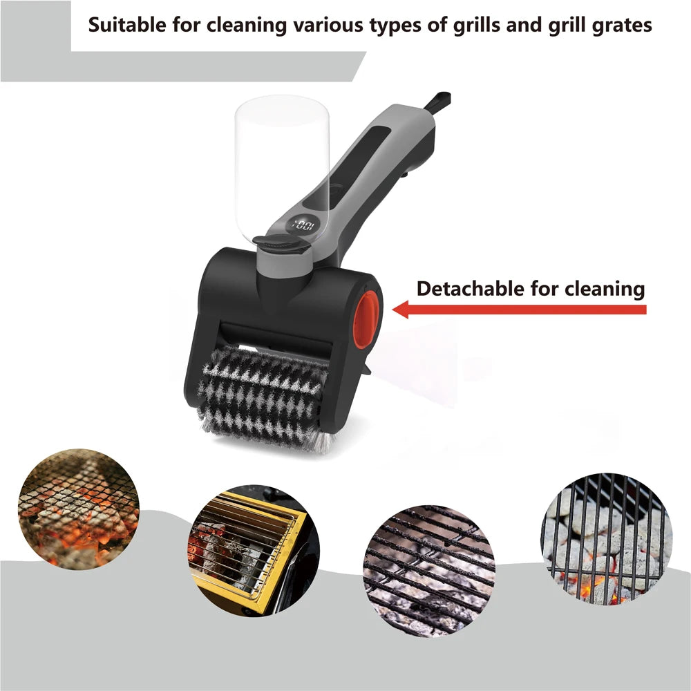 Cordless Electric Grill Brush, Stainless Steel Brush Head Removable, 2-Speed Power Rechargeable for BBQ Grates Kitchen Stove