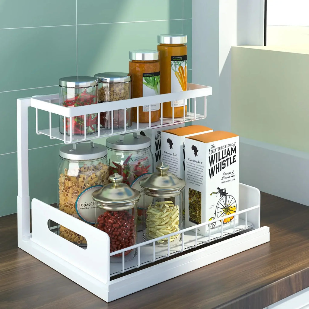 Kitchen Multi-Purpose Storage rack Under Sink 2 Tier Sliding Cabinet Basket Organizer Drawer Spice rack Desktop Bathroom Storage