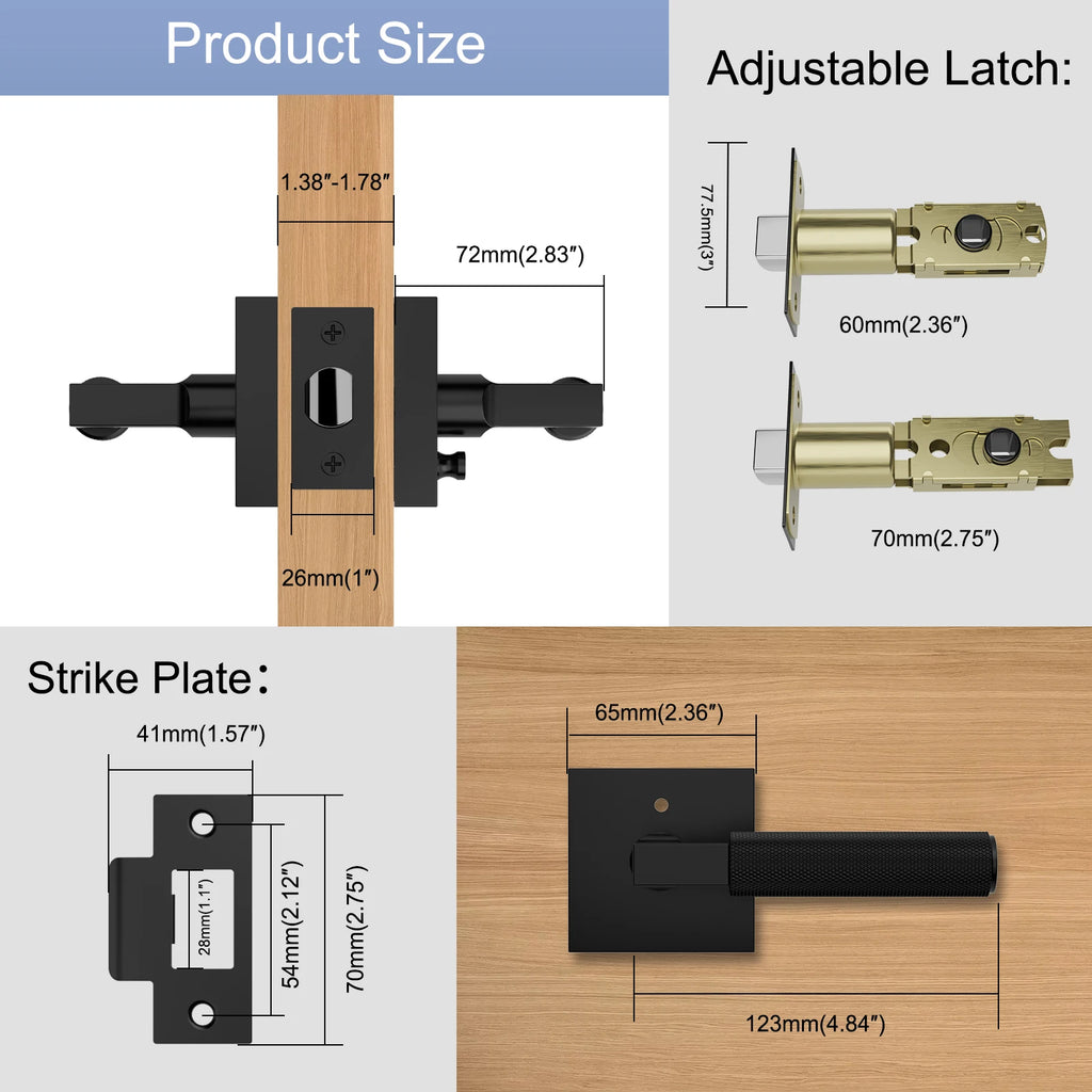Viladepot Privacy Door Handle Rear Knurled Handle Lever Matte Black Square Base Bedroom Bathroom Door Lock Reversible