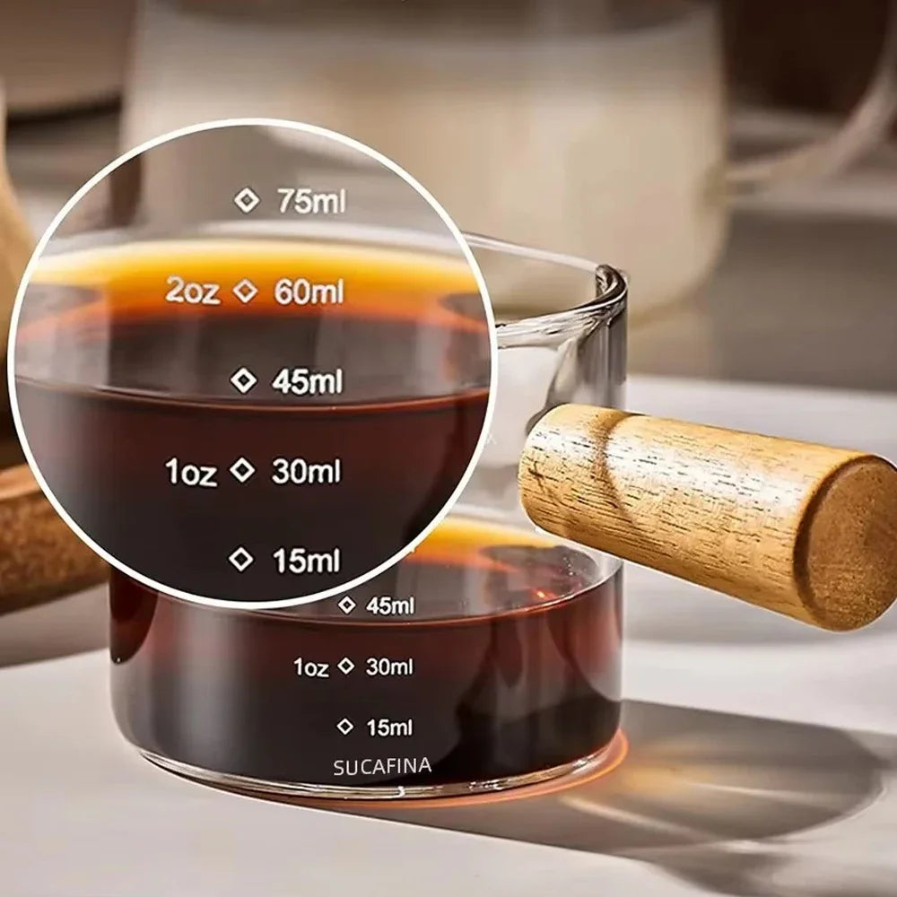 Kitchen Mug Coffee Supplies Glass Measuring Cup With Wood Handle Double Single Mouth 75ml Creativity Espresso Heat Resists Clear