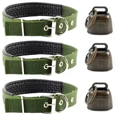 3 Pack Goat Collar with Bell Grazing Copper Bells and Adjustable Nylon Collar Set for Small Farm Animal Sheep Cow Pet Goat green