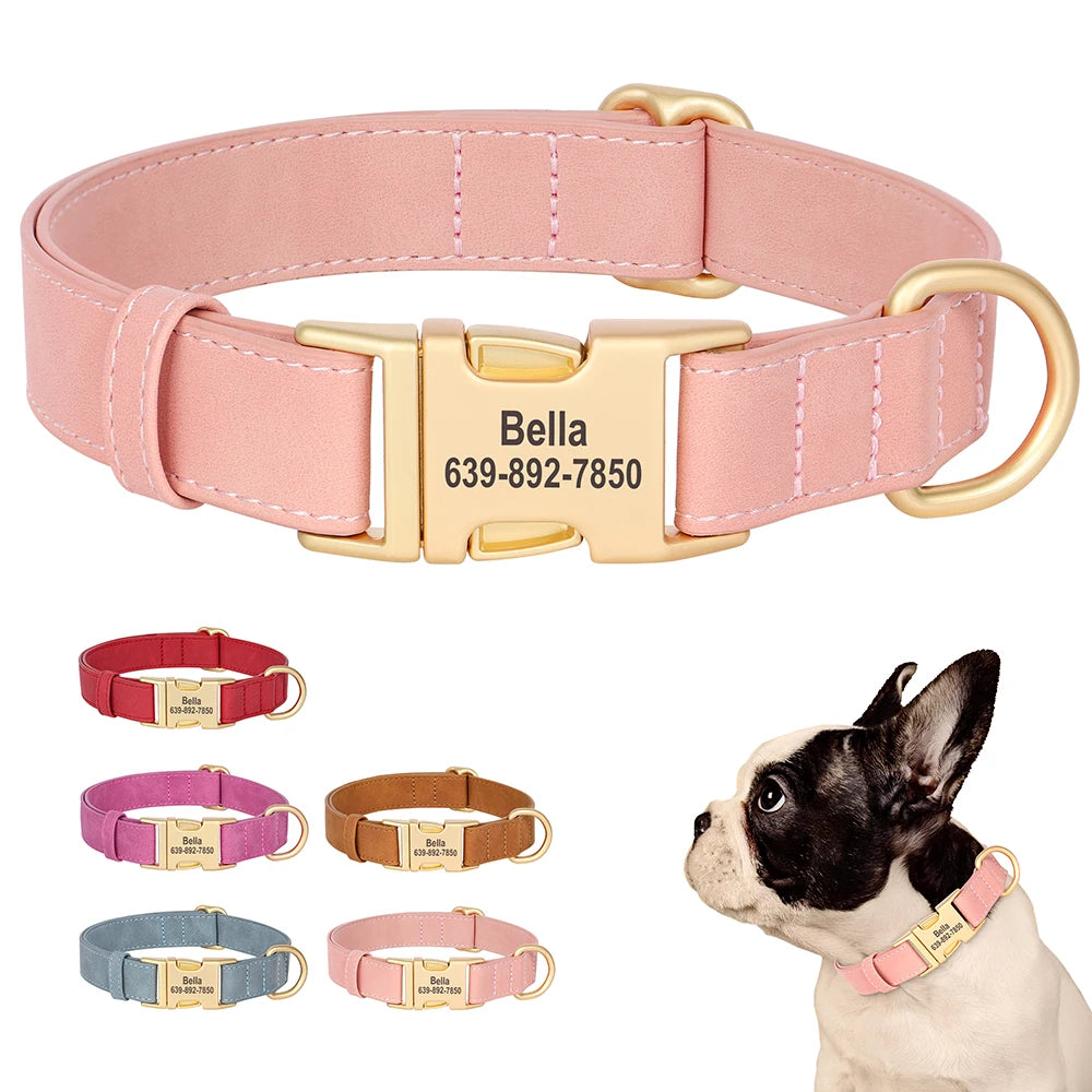 Custom Dog Collar PU Leather Dogs Collars Personalized Pet Necklace Adjustable for Small Medium Large Dogs Bulldog Pug Pink