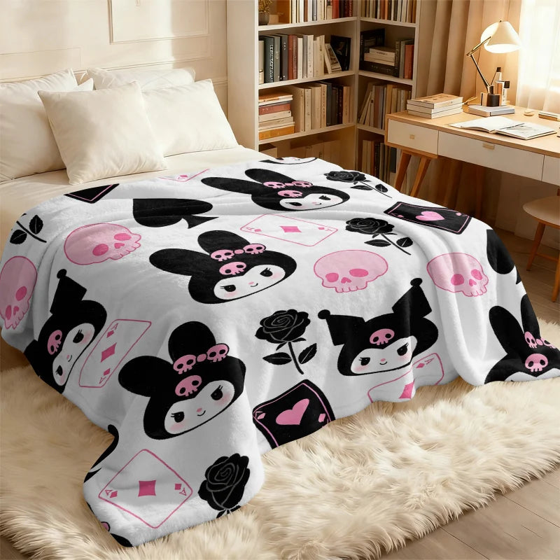 Kuromi Sanrio Flannel Throw Blanket Gothic Kawaii Card Skull Print Soft Warm Blanket for Girls Anime Home Decor Sofa Bed Blanket