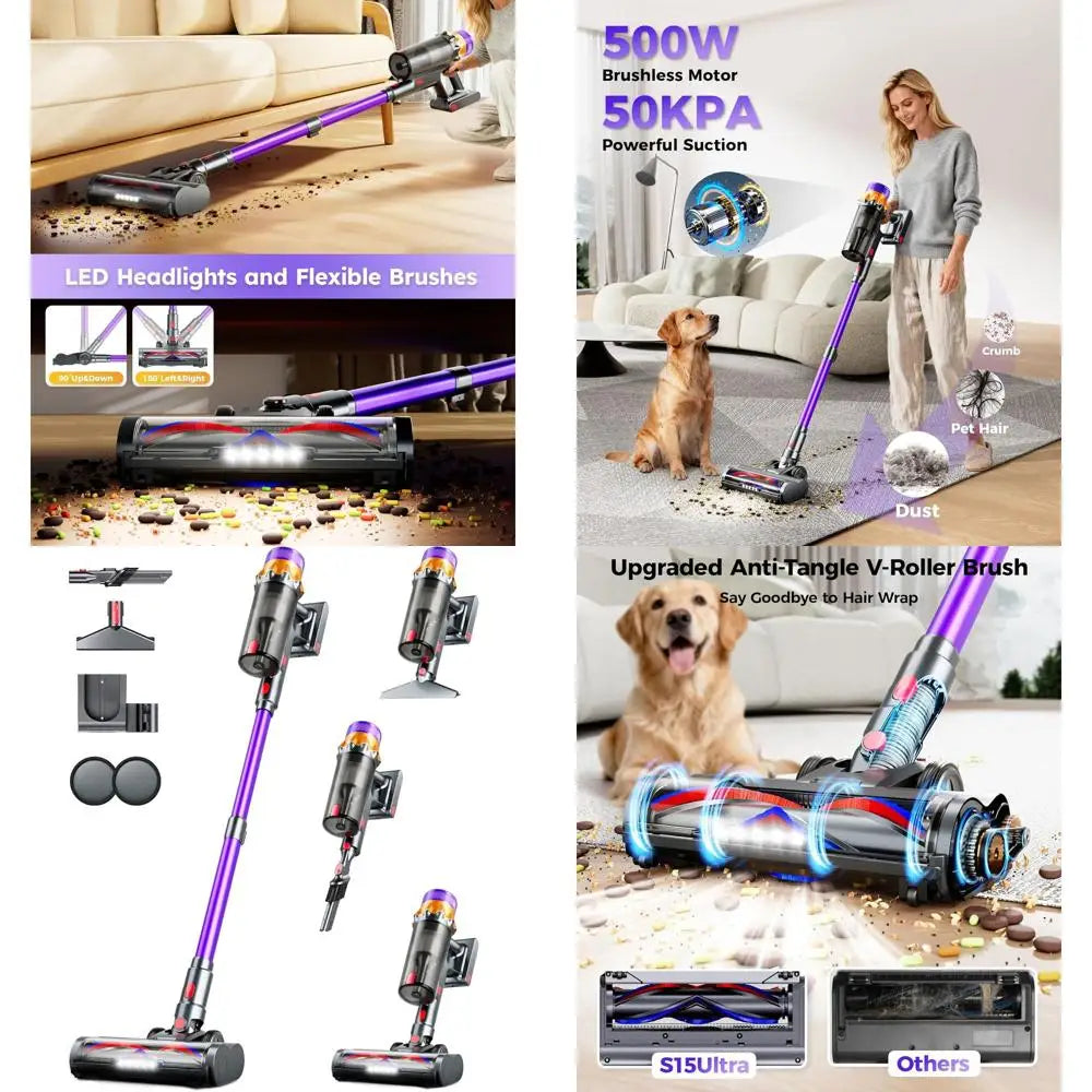 500W 50KPA Cordless Vacuum Cleaner with 60-Minute Run Time, LED Display, Anti-Tangle, Lightweight for Home and Pet Hair Removal