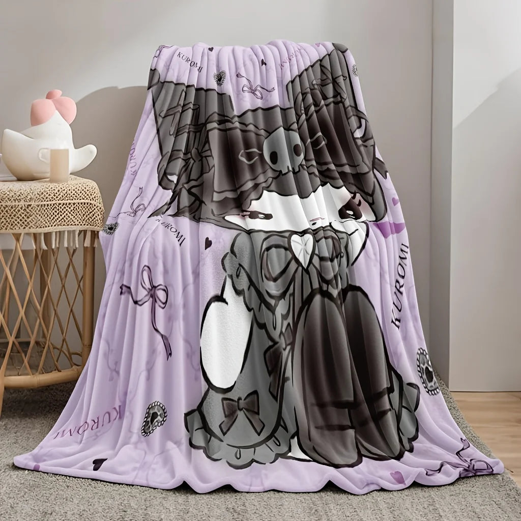 Sanrio Gothic Style Kuromi Flannel Blanket Towel Quilt 100 Polyester Soft Washable Lightweight Multi Purpose for Sofa Bed Office