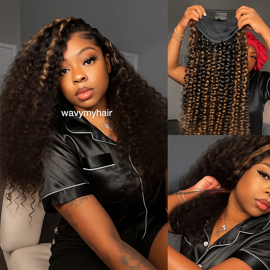 1B/30 Highlight Half Wig Human Hair Deep Wave 3 In 1 Half Wigs With Drawstring Burmese Water Curly Invisible Half Wig Human Hair