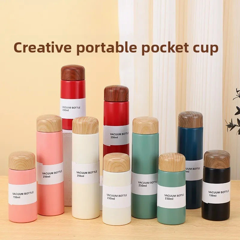 150ml/250ml Mini Cute Portable Stainless Steel Vacuum Flask Thermos | Wood Grain Lid Insulated Bottle | Small Travel Coffee Mug