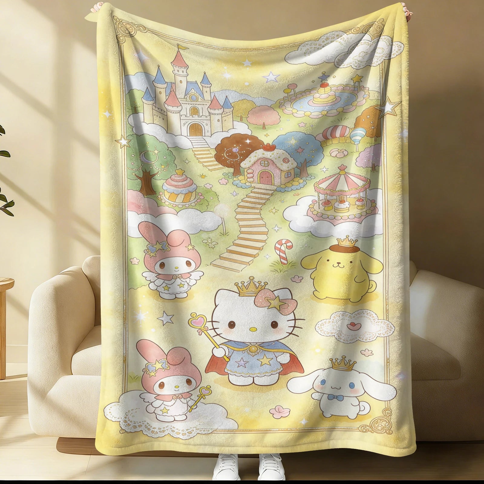 Sanrio Blanket Hello Kitty My Melody Cinnamoroll Kuromi Print Flannel Throw Blanket Multi-use Nap Blanket For Dorm Home Travel