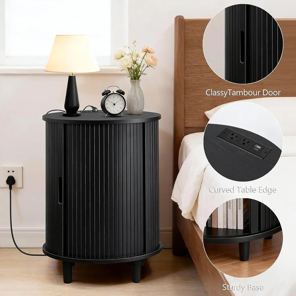 Round End Table Storage Charging Station Fluted Nightstand Small Spaces, Customized