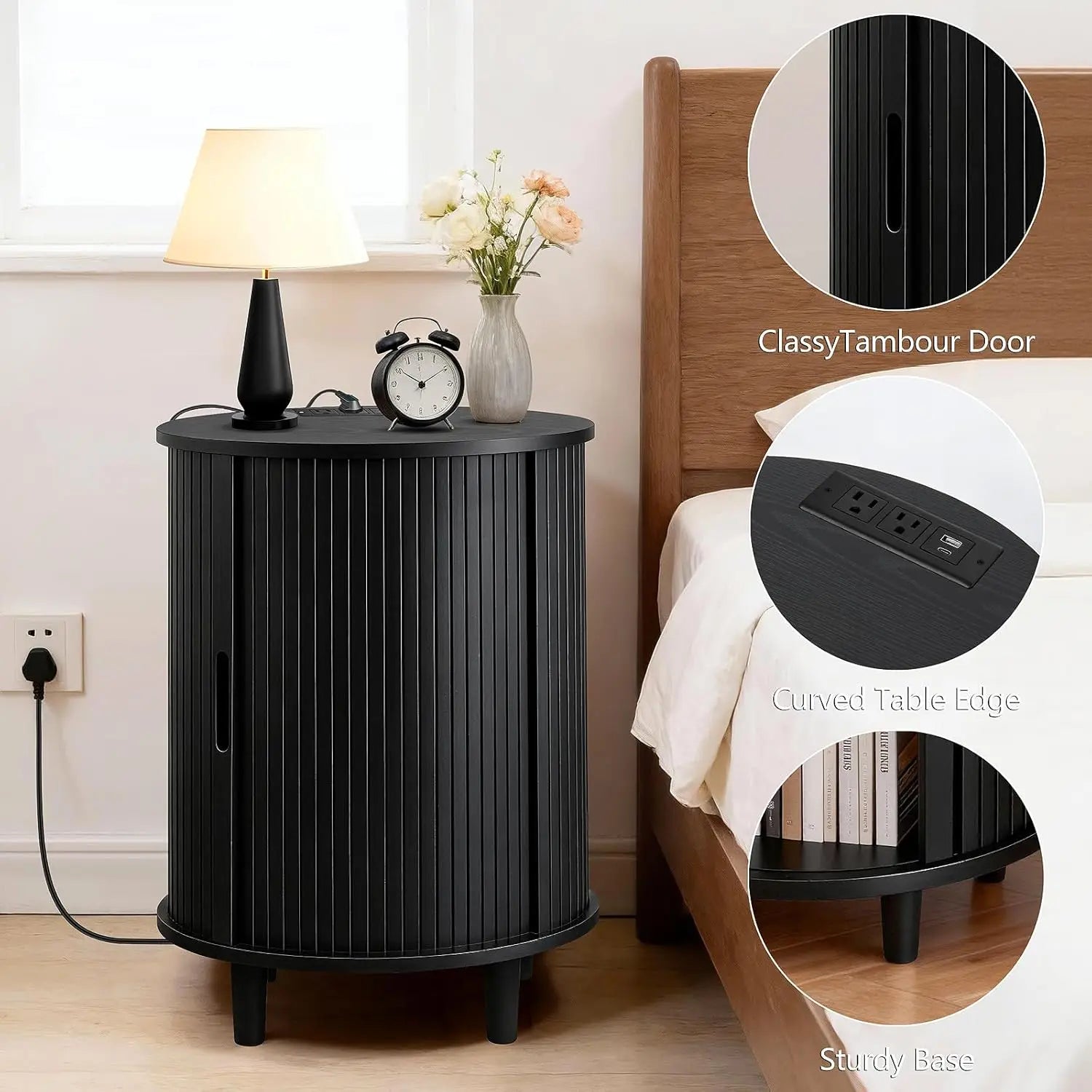 Round End Table Storage Charging Station Fluted Nightstand Small Spaces, Customized