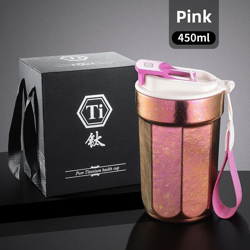 Pure titanium coffee mug with rope octagonal thermos mug, portable outdoor water cup, car leak-proof cola mug