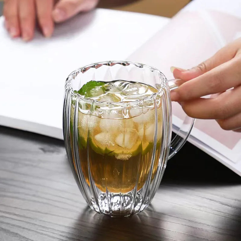 [homeeee] Ribbed Double-Wall Glass Coffee Mug - Heat Resistant