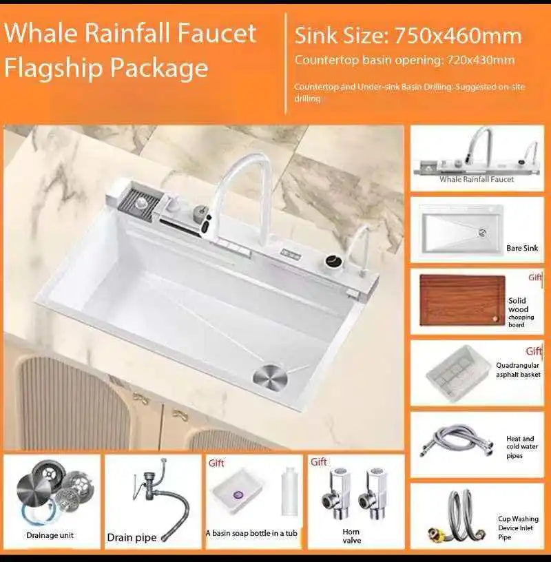 White flying rain waterfall sink integrated multi-functional large single slot 304 stainless steel vegetable washing sink