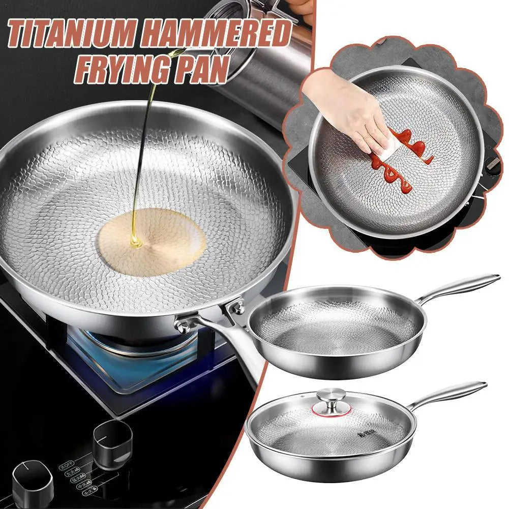 26/28/30cm Titanium Frying Pan Non-stick Frying Pan Kitchen Cookware Uncoated Hammer Pattern Steak Kitchen Pans With/NO Lid