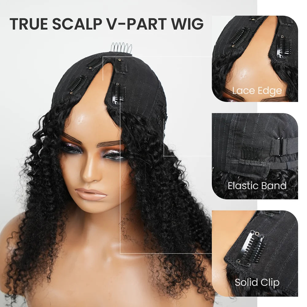 200% Drawstring V Part Wig Burmese Curly 100% Human Hair No Leave Out Thin Part Beginner Friendly Glueless Wear Go Wig For Women