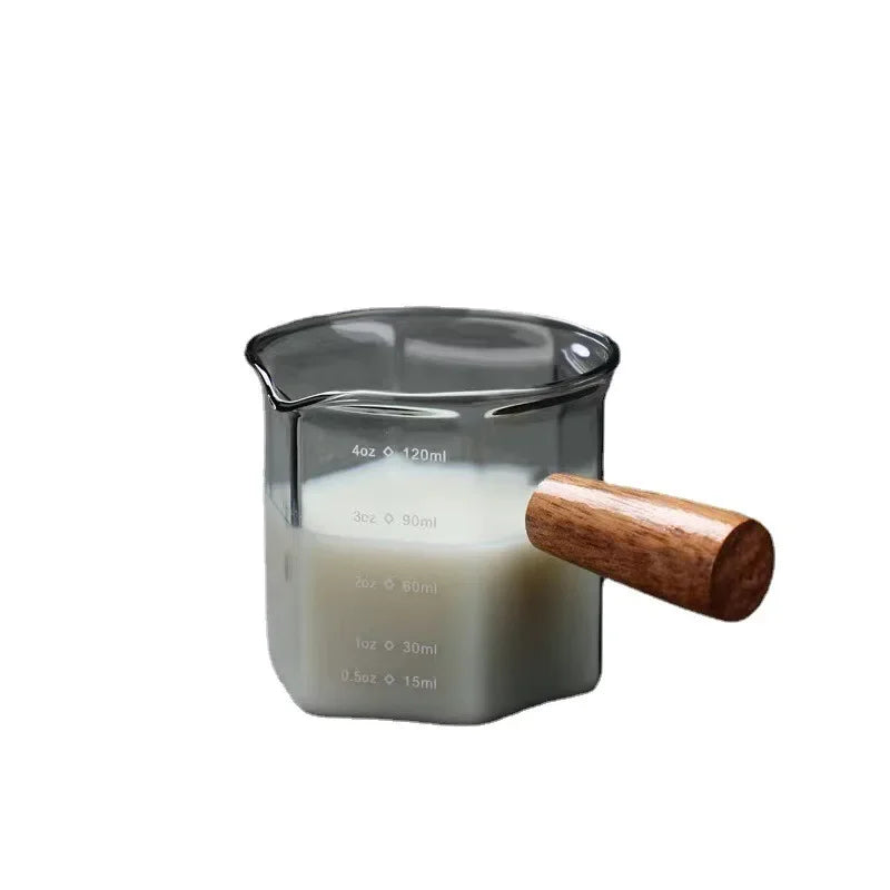 JUSTINLAU 120ML Coffee Extraction Cup High Borosilicate Glass Espresso Cups Single Mouth with Scale Wooden Handle Measuring Mugs