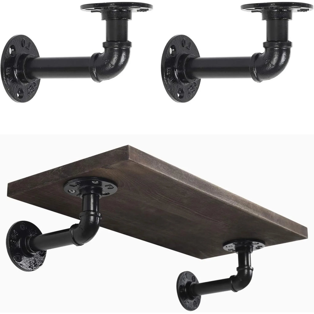 Industrial Iron Pipe Shelf Brackets 4-Pack - Heavy Duty Floating Shelves for DIY Wall Mount, Black