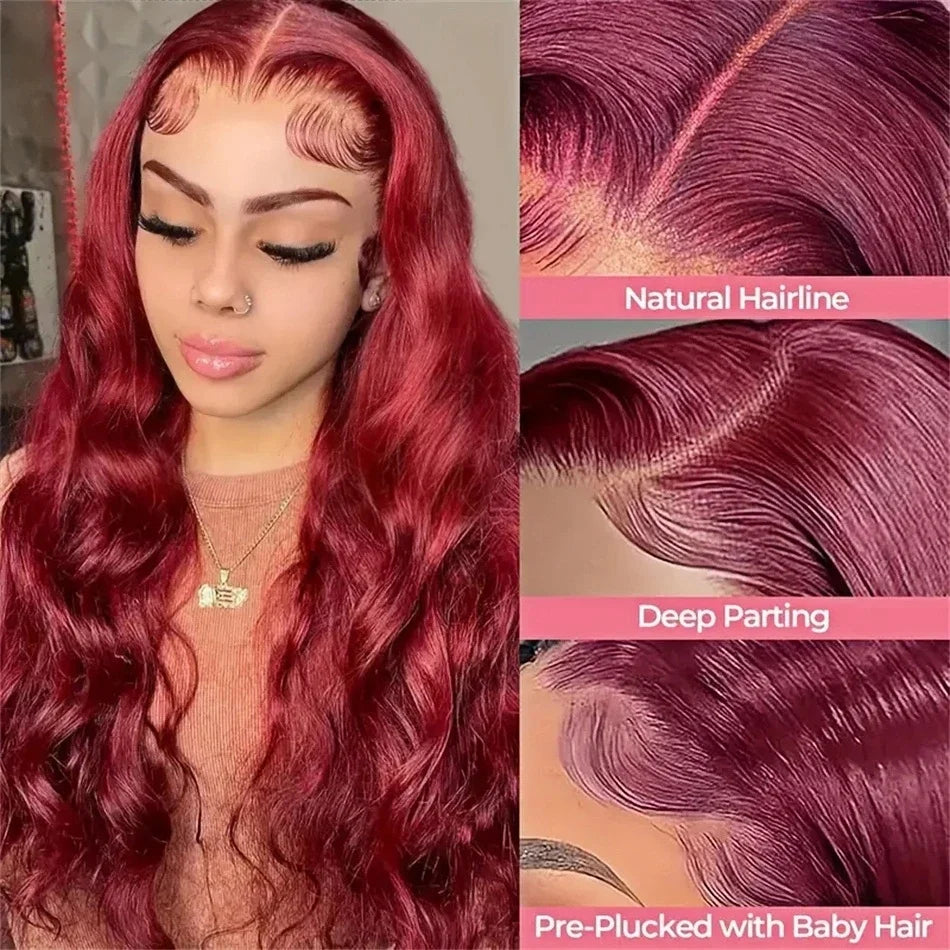 99j Burgundy 13x6 HD Lace Frontal Human Hair Wig 30 40 Inch Body Wave Lace Front Wigs 250 Density Red Colored Pre Plucked Wig