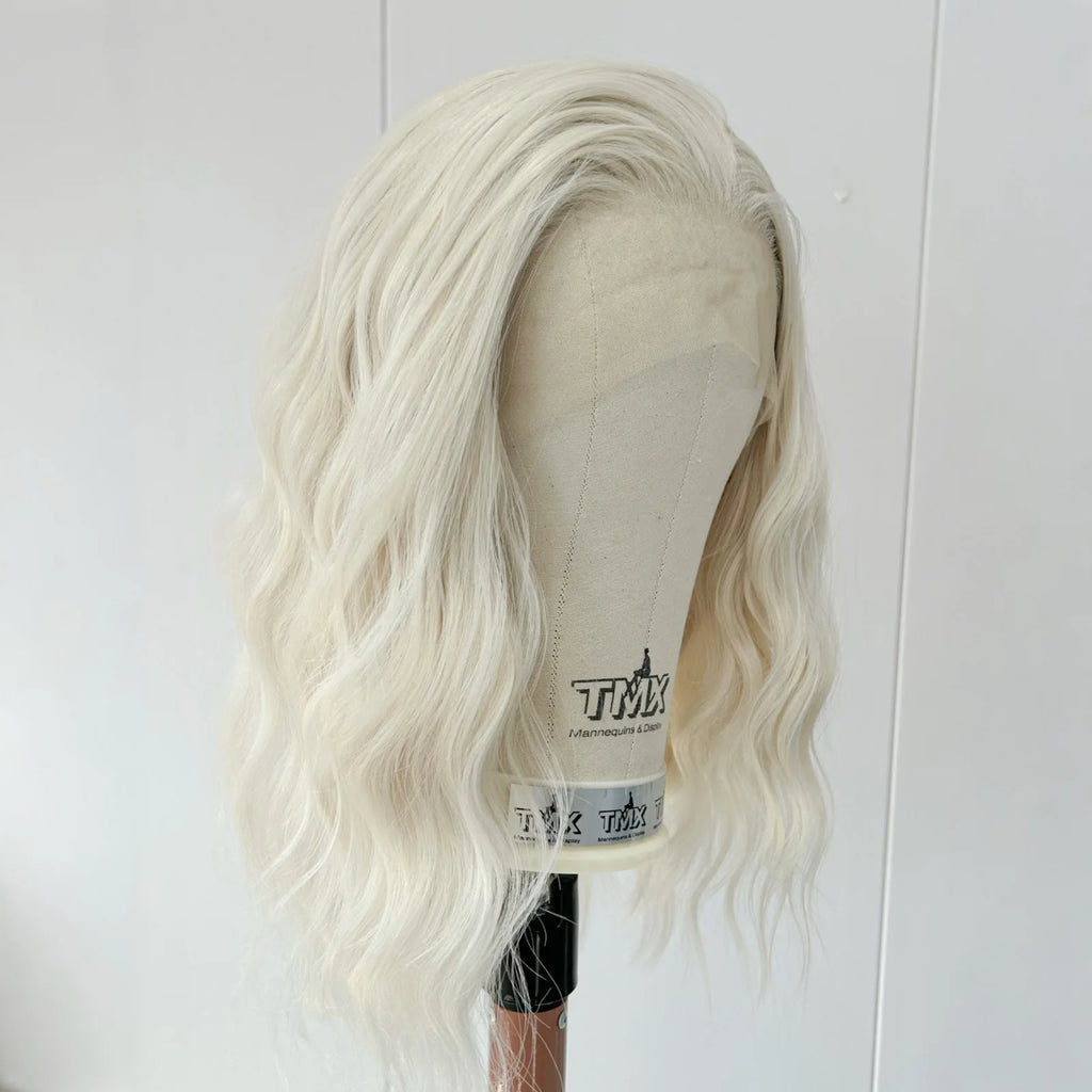 Short 60 Blonde Curly Wavy Synthetic Lace Front Bob Wigs for Women Pre Plucked Hairline Platinum White Deep Wave Daily Party Use