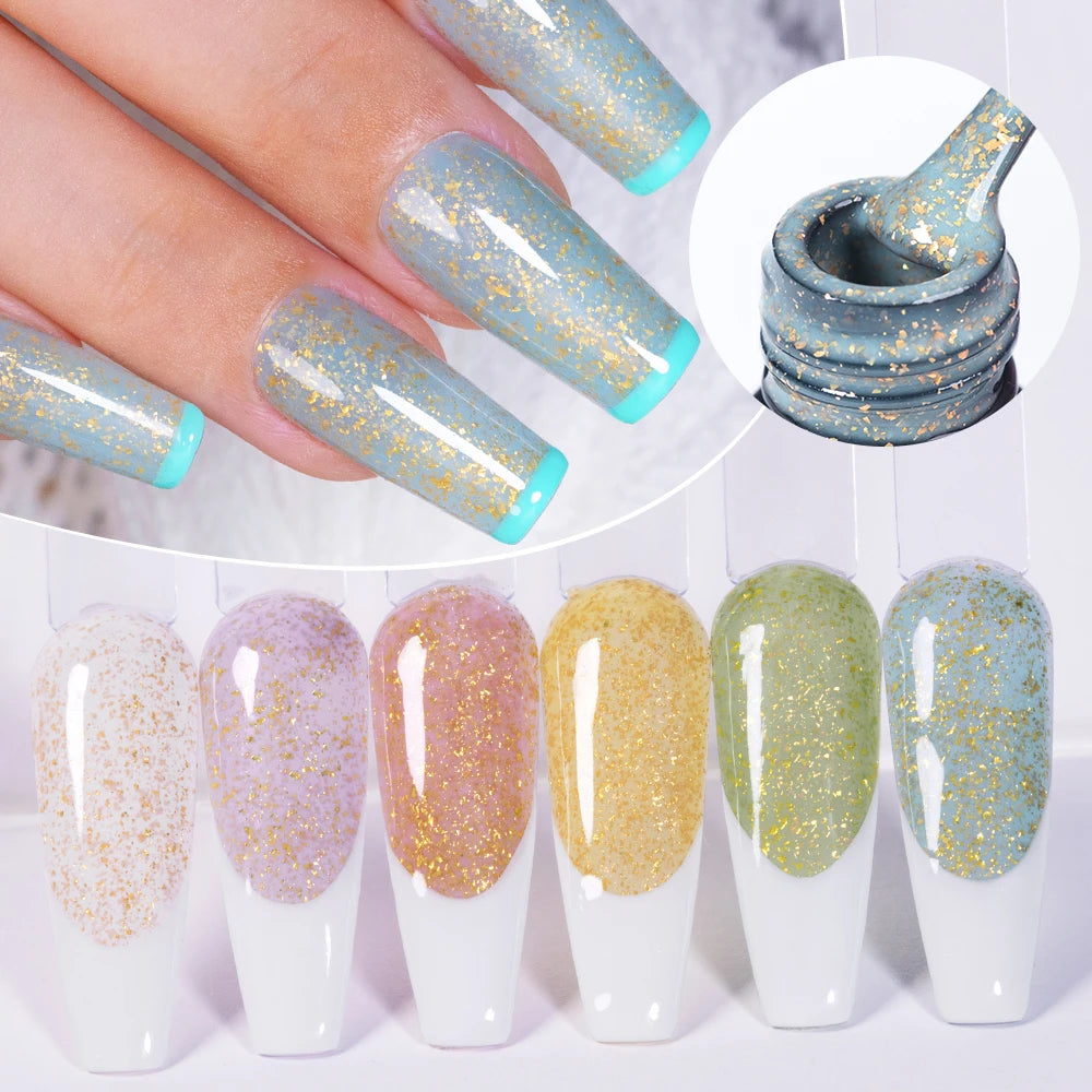 AWStorG 6Pcs 7.5ML Gold Flake Glitter Rubber Base Gel Kit Nail Polish Long Lasting Quick Extension Gel Nail Art UV Glue Builder