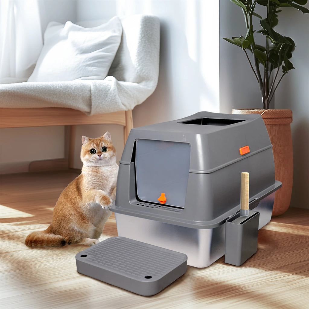 Enclosed Stainless Steel Cat Litter Box with Lid Extra Large for Big Cats Kitty Metal Litter Pan Tray High Wall Sides