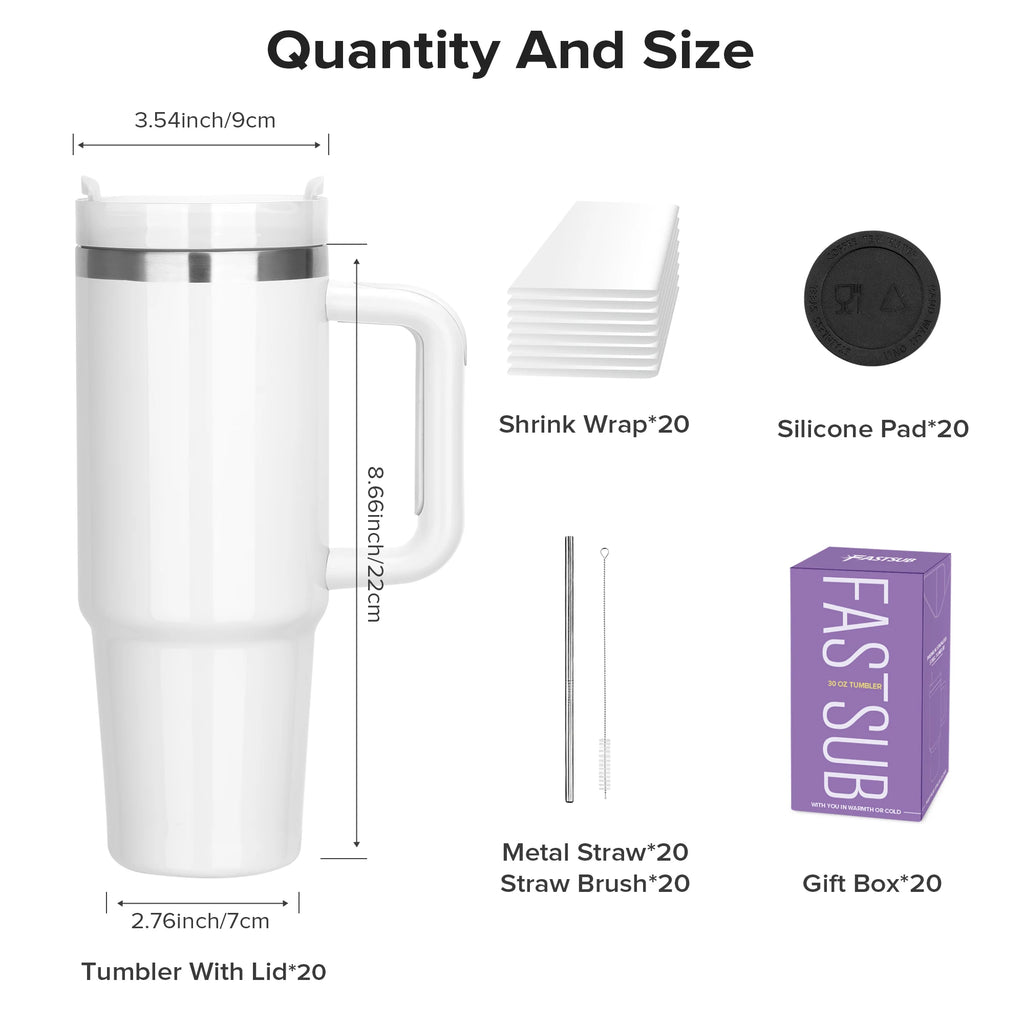 20 Pack 30 oz Sublimation Tumblers,Removable Handle Coffee Travel Mug With Straw lid,For Tumbler Press Machine,Outdoor, Gym