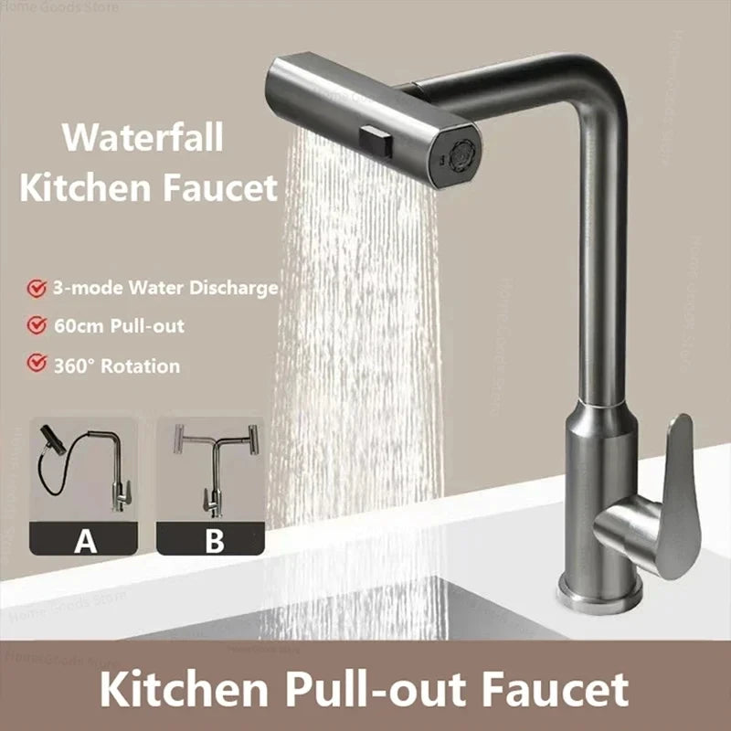 Waterfall kitchen faucet stainless steel 360° rotating waterfall flow nozzle hot and cold water sink mixer kitchen pull-out fauc