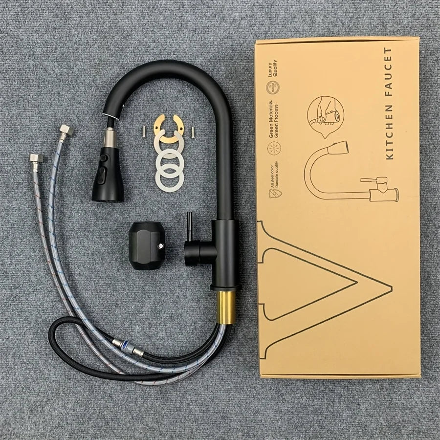 1 set of kitchen sink cold and hot pull-out stainless steel faucet with three-speed switch and rotatable water outlet mode