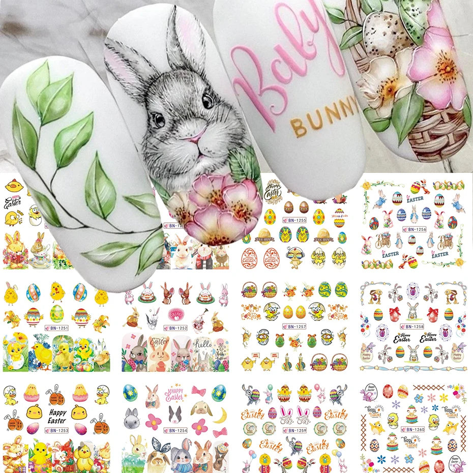 12Design Cartoon Animal Nail Art Water Transfer Stickers With Cute Bunnies And Colorful Eggs Nail Decals for Easter DIY Nail art
