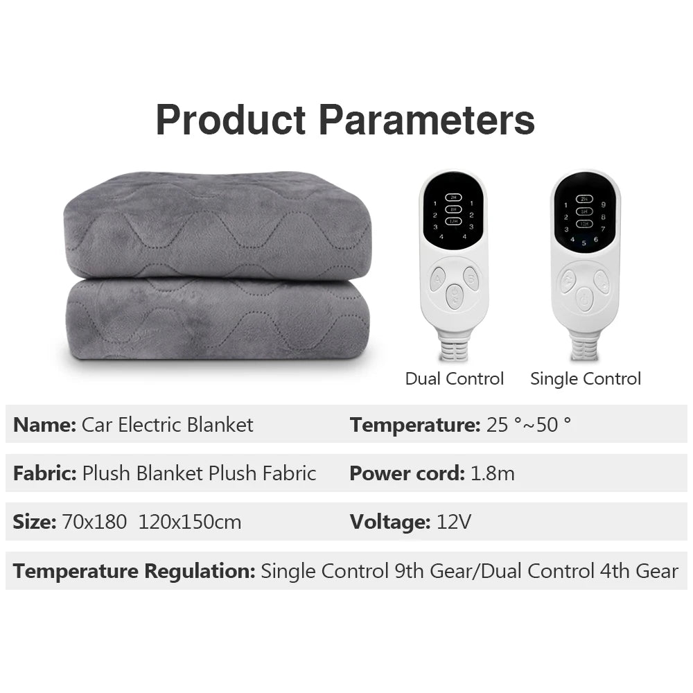 12V Cars Electric Blanket Heating Level Heated Travel Blanket for Car Outdoor Traveling Camping Pad 70x180cm/120x150cm/50x150cm