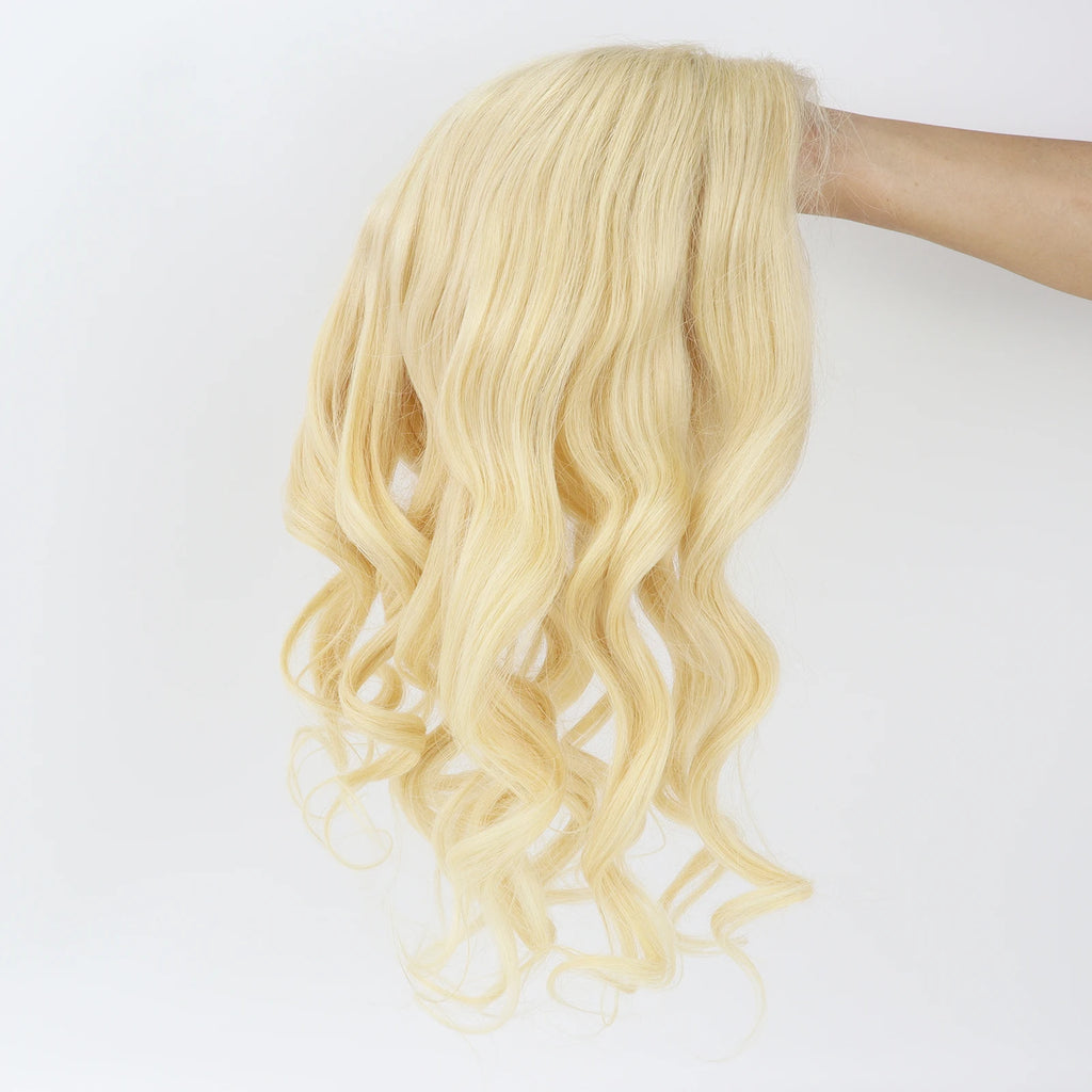 4x4inch Lace Topper with Open Weft 20" Natural Wave Real Remy Human Hair Toupee for Women #613 Light Blonde Natural Soft Scalp