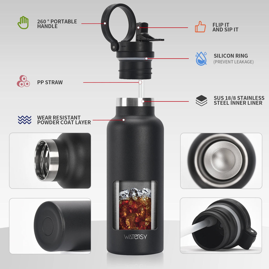 WATERSY 500ml Stainless Steel Water Bottle with Handle & Straw, Double Wall Insulated Thermal Cup, Vacuum Flask for Sports