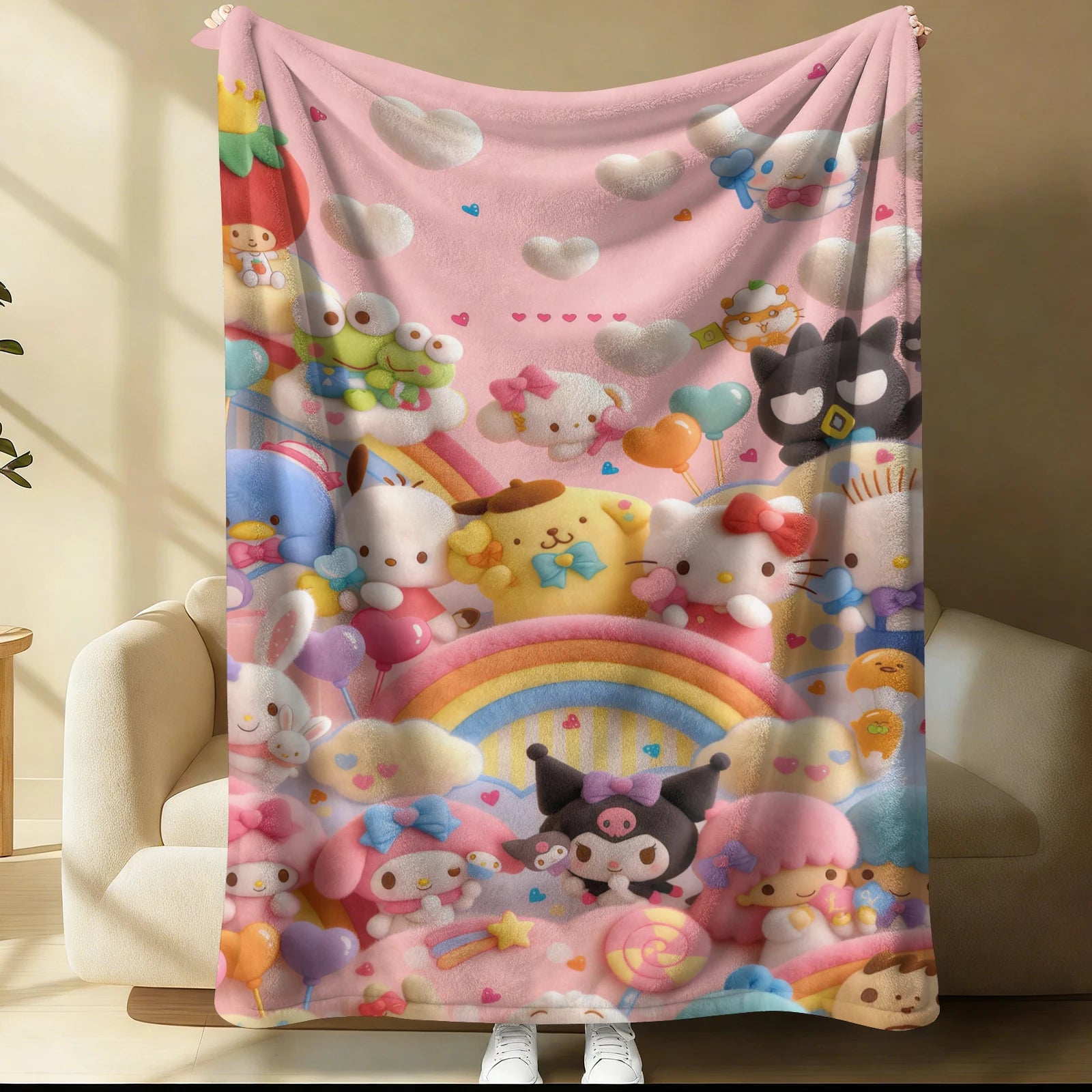 Cute Sanrio Characters Flannel Blanket Pink 3D Plush Rainbow Pattern Soft Plush Throw for Bed Sofa Hello Kitty Kuromi All Season