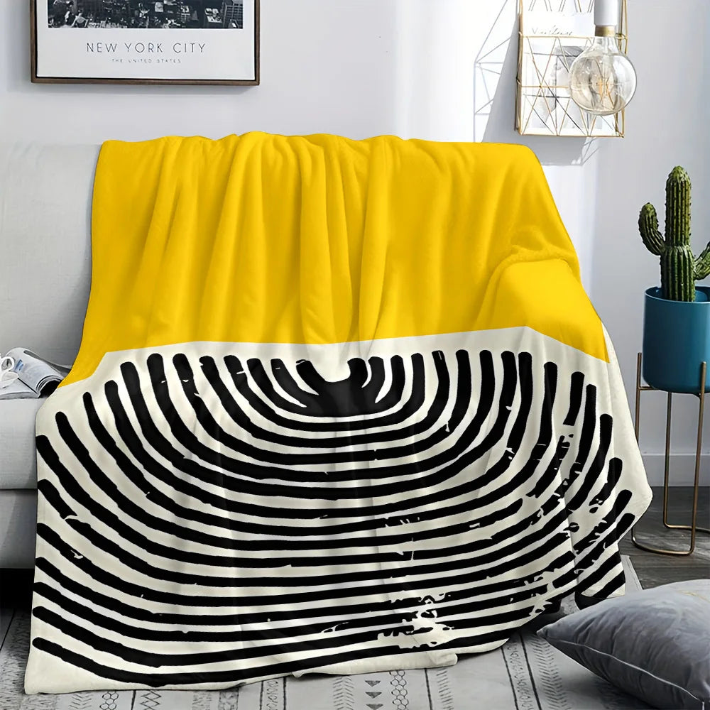Yellow and Black Fingerprint Flannel Throw Blanket Vibrant Abstract Design Soft Cozy Fleece for Couch Bed Office and Travel All