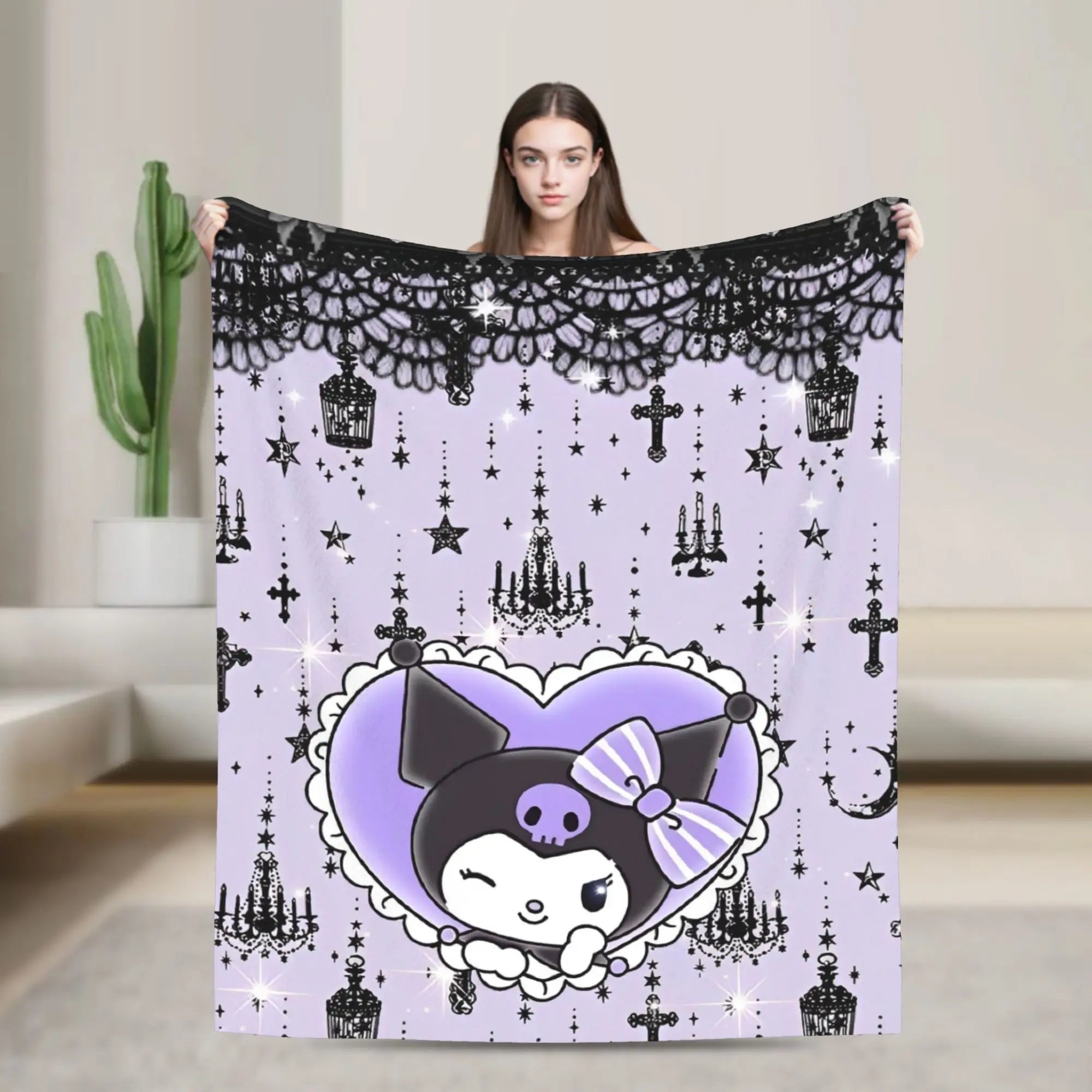Cartoon Cool Cute Kuromi Fleece Throw Blanket  Blanket for Home Outdoor Super Soft Bed Rug