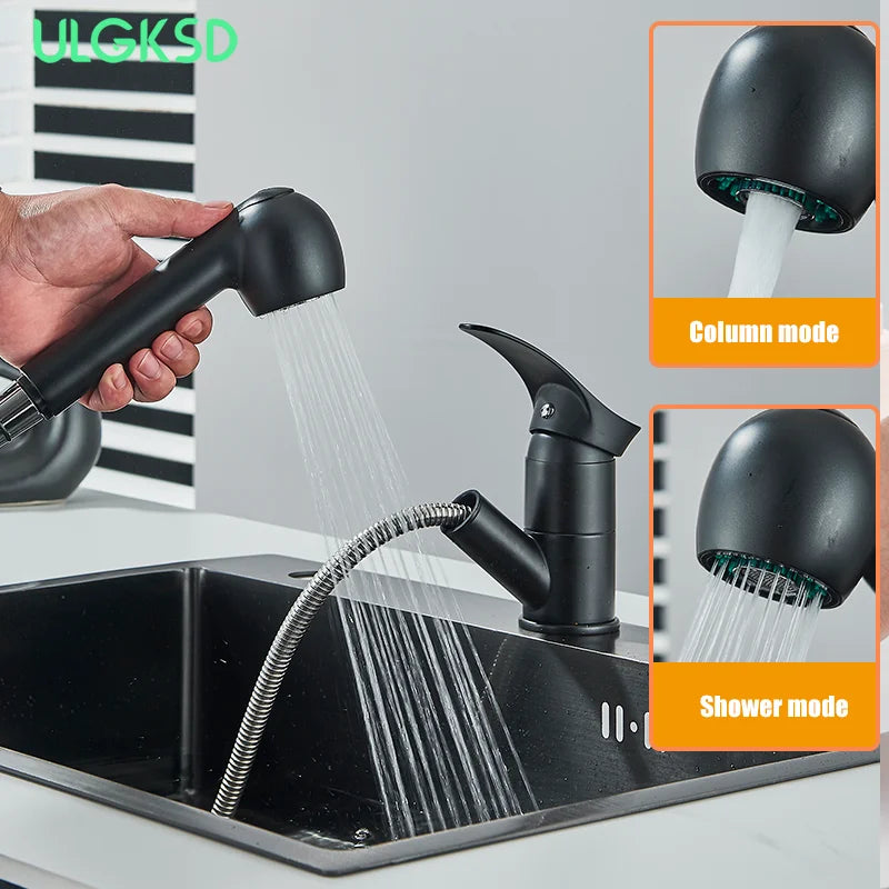 Matte Black 360° Rotation Pull Out  Brass Faucet Hot And Cold Water Mixer Sink Tap Wide Single Handle Kitchen Faucet Deck instal