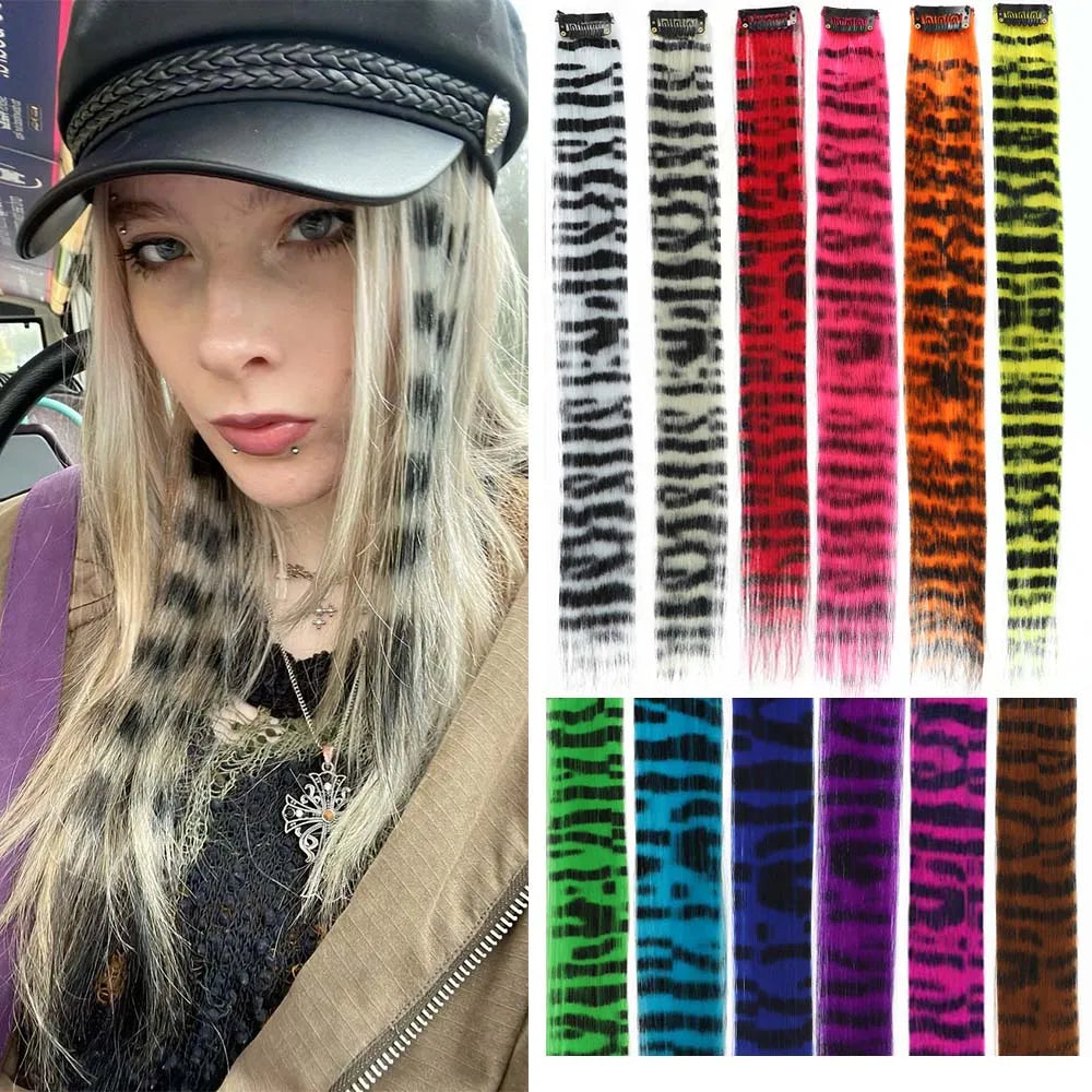 8Pcs 18" Colored Hair Extensions Animal Stripe Print Hair Clip-on Synthetic Feather Hair for Cosplay, Party, Festivals, Y2K